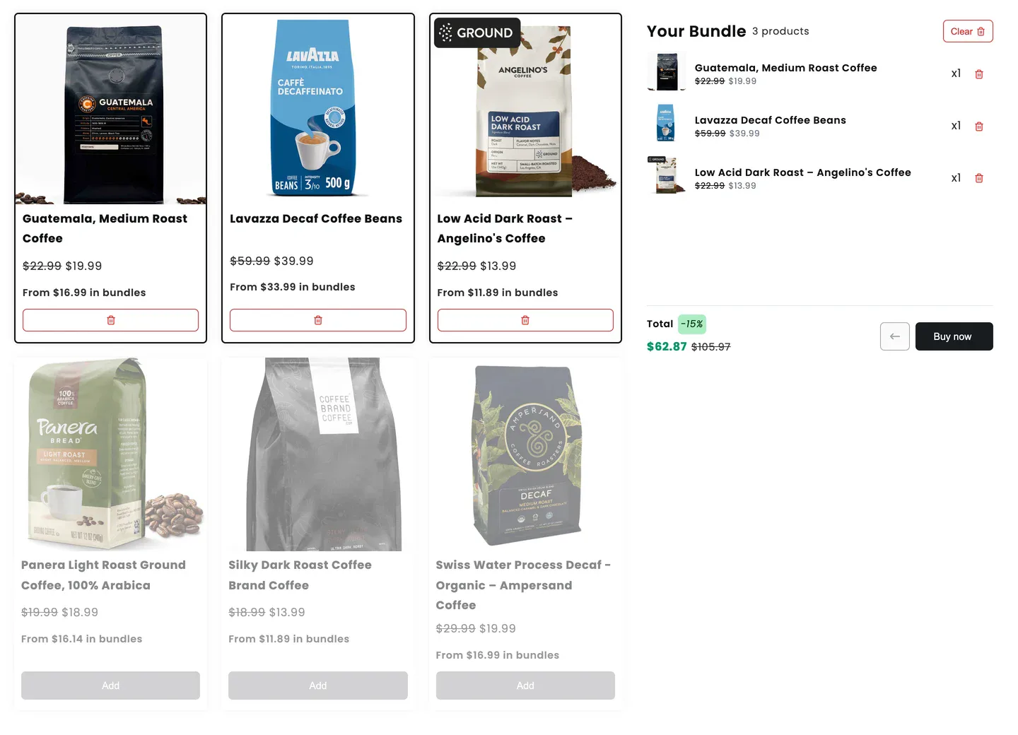 NeatBundles mix and match bundle builder page with three coffee bags selected and a 15 percent discount