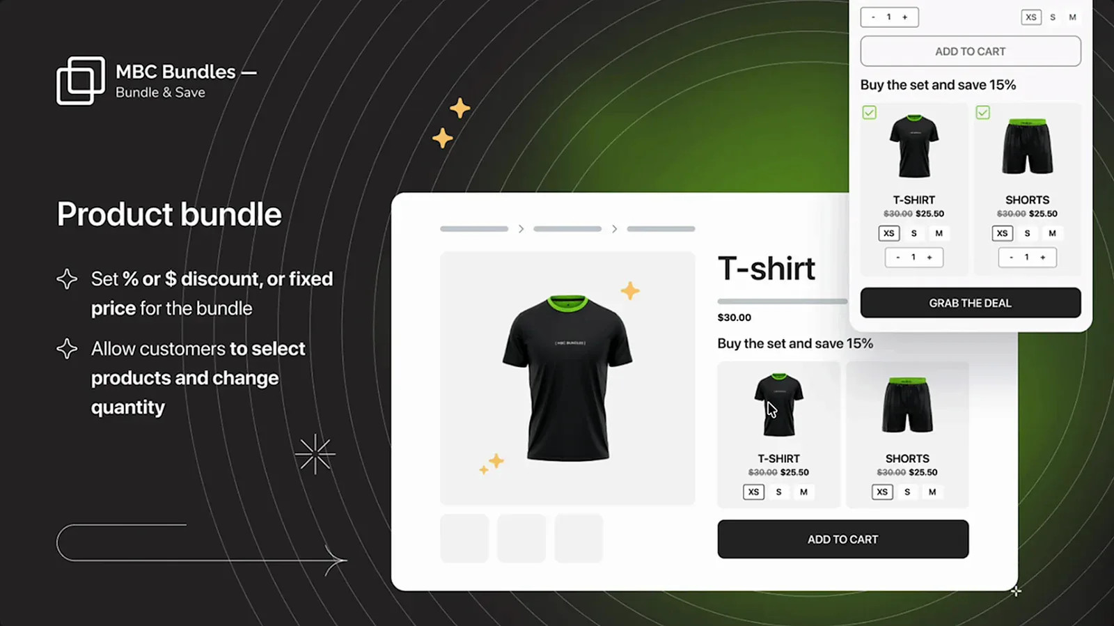 MBC Bundles product page bundle with a T-shirt and shorts set and a buy the set and save 15 percent offer