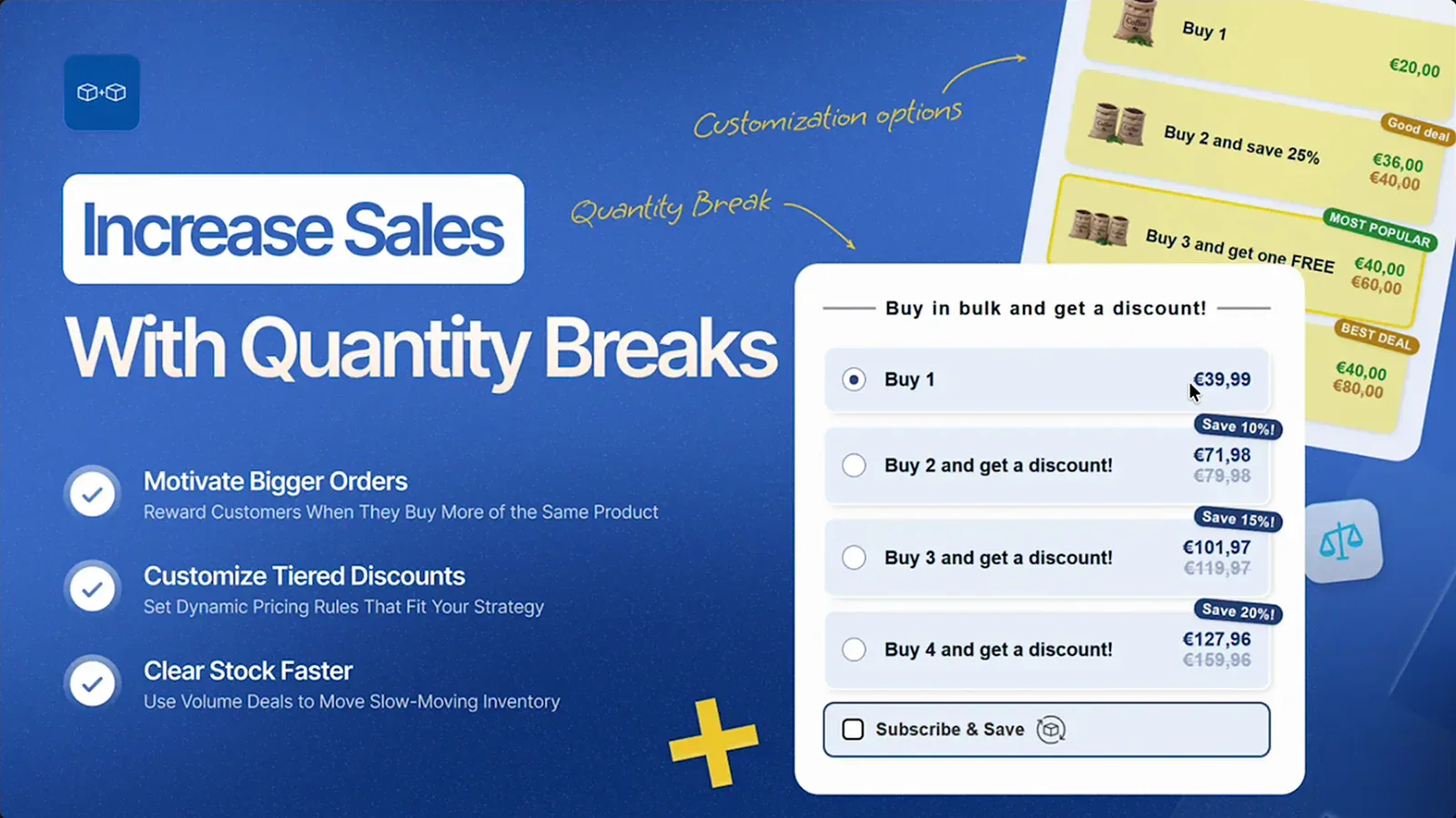 Bundler App Store image showing a quantity breaks widget with buy 2, 3 and 4 discount tiers