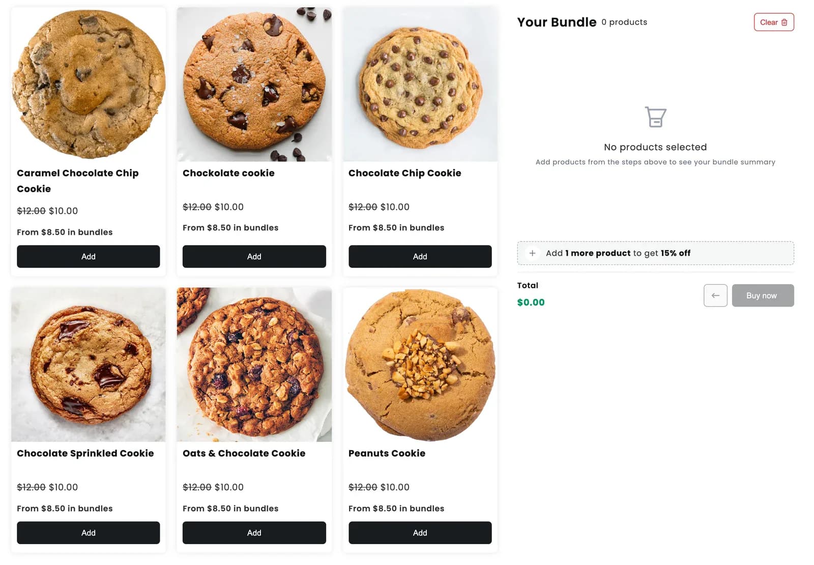 Build your own bundle page on a Shopify store with six cookies and an empty bundle panel