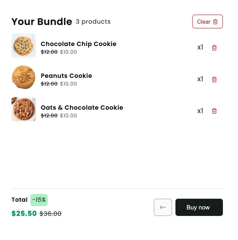 Your Bundle panel with three cookies, a 15 percent discount badge and the Buy now button