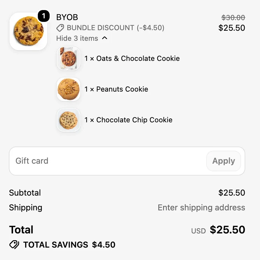 Shopify checkout order summary showing the BYOB bundle with a $4.50 bundle discount and three cookies