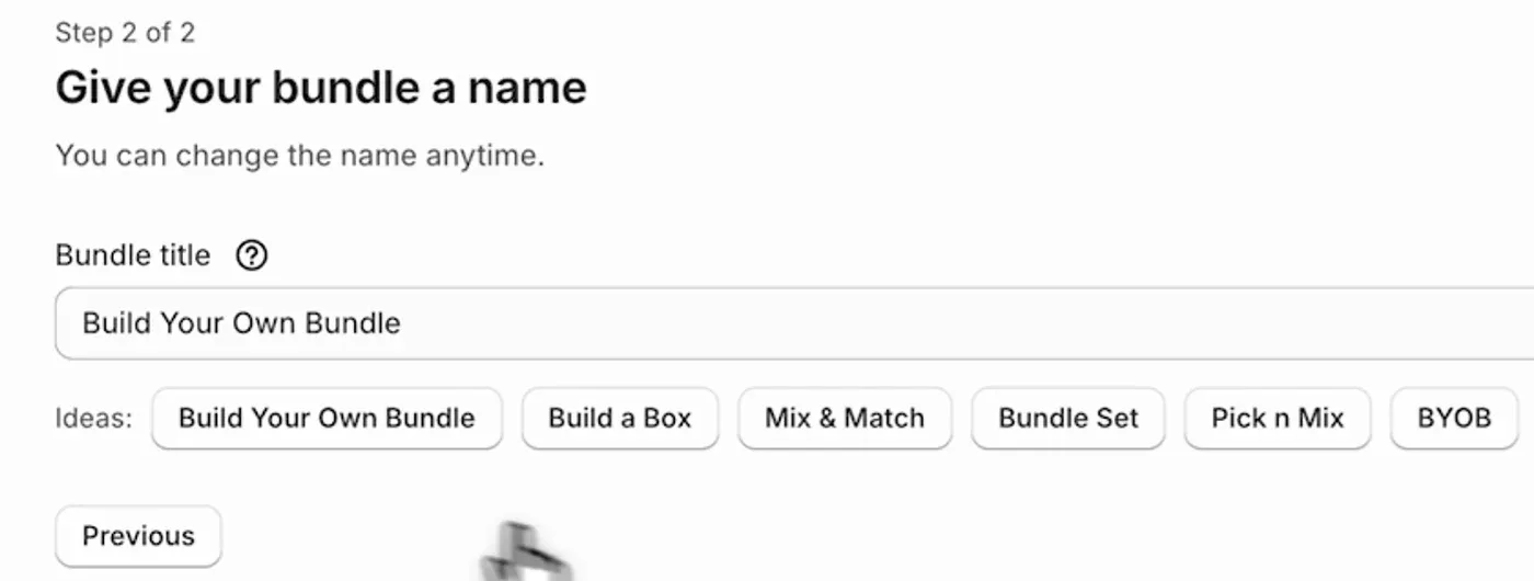 Give your bundle a name screen with the Build Your Own Bundle title and name ideas
