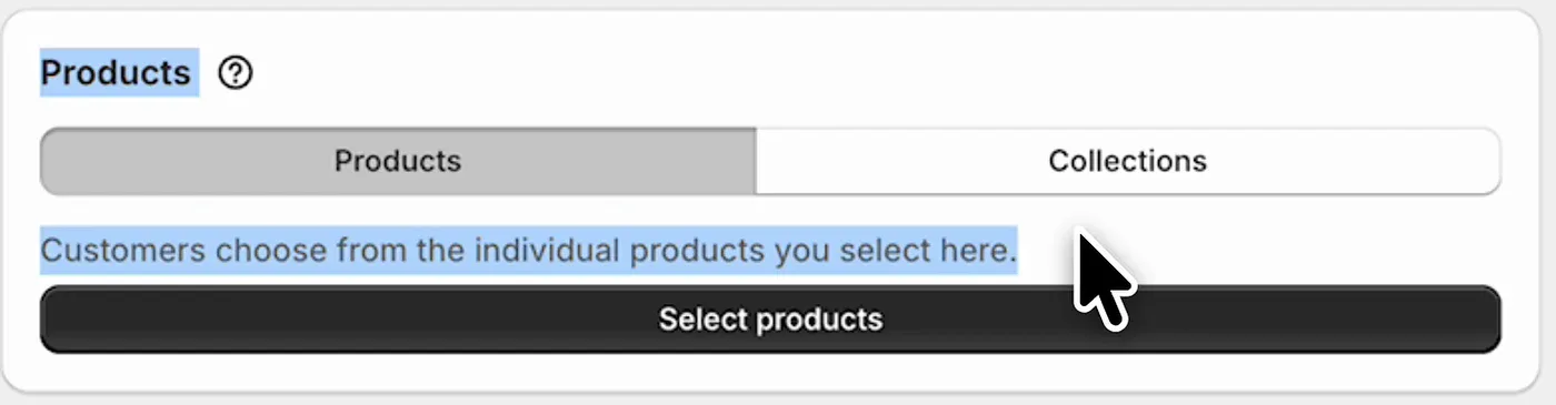 NeatBundles Products section with the Select products button and a Collections tab