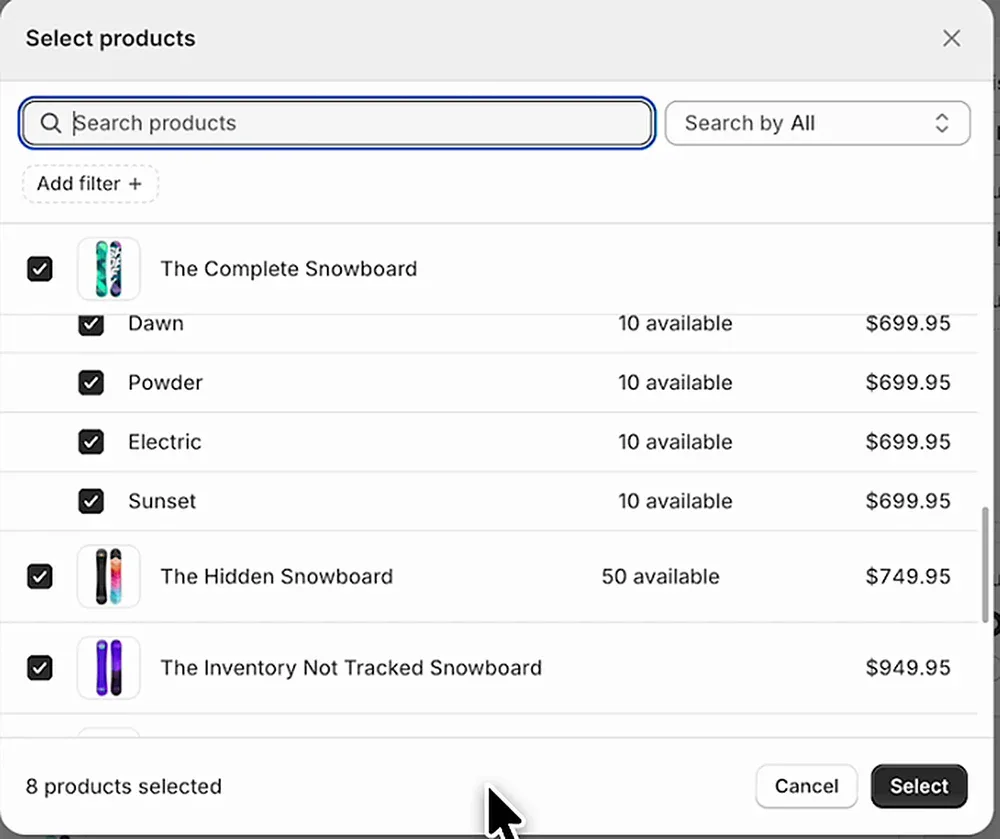 Shopify Select products dialog with snowboard products and variants ticked and 8 products selected