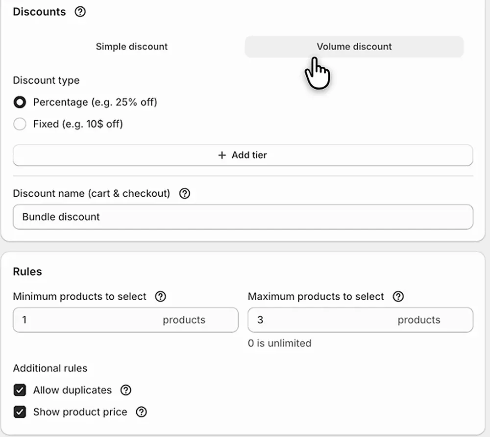 NeatBundles volume discount settings with Add tier button and rules for minimum and maximum products