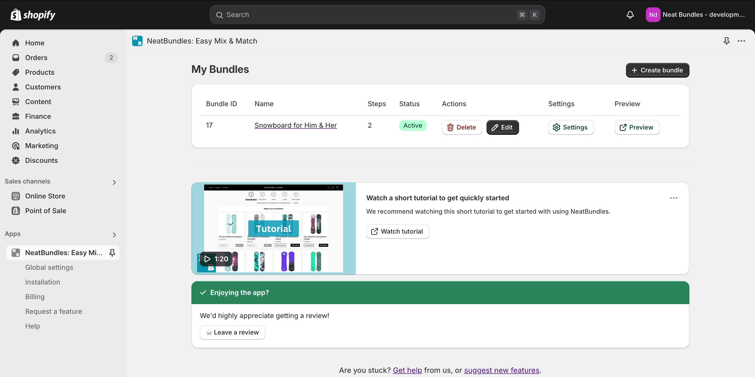NeatBundles Shopify app - My Bundles page NeatBundles Shopify app - My Bundles page