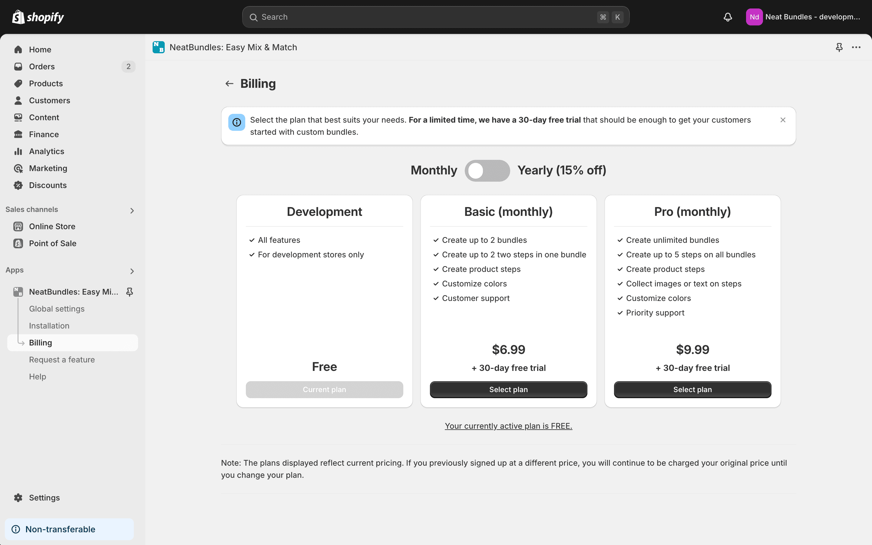 NeatBundles - select your billing plan NeatBundles - select your billing plan