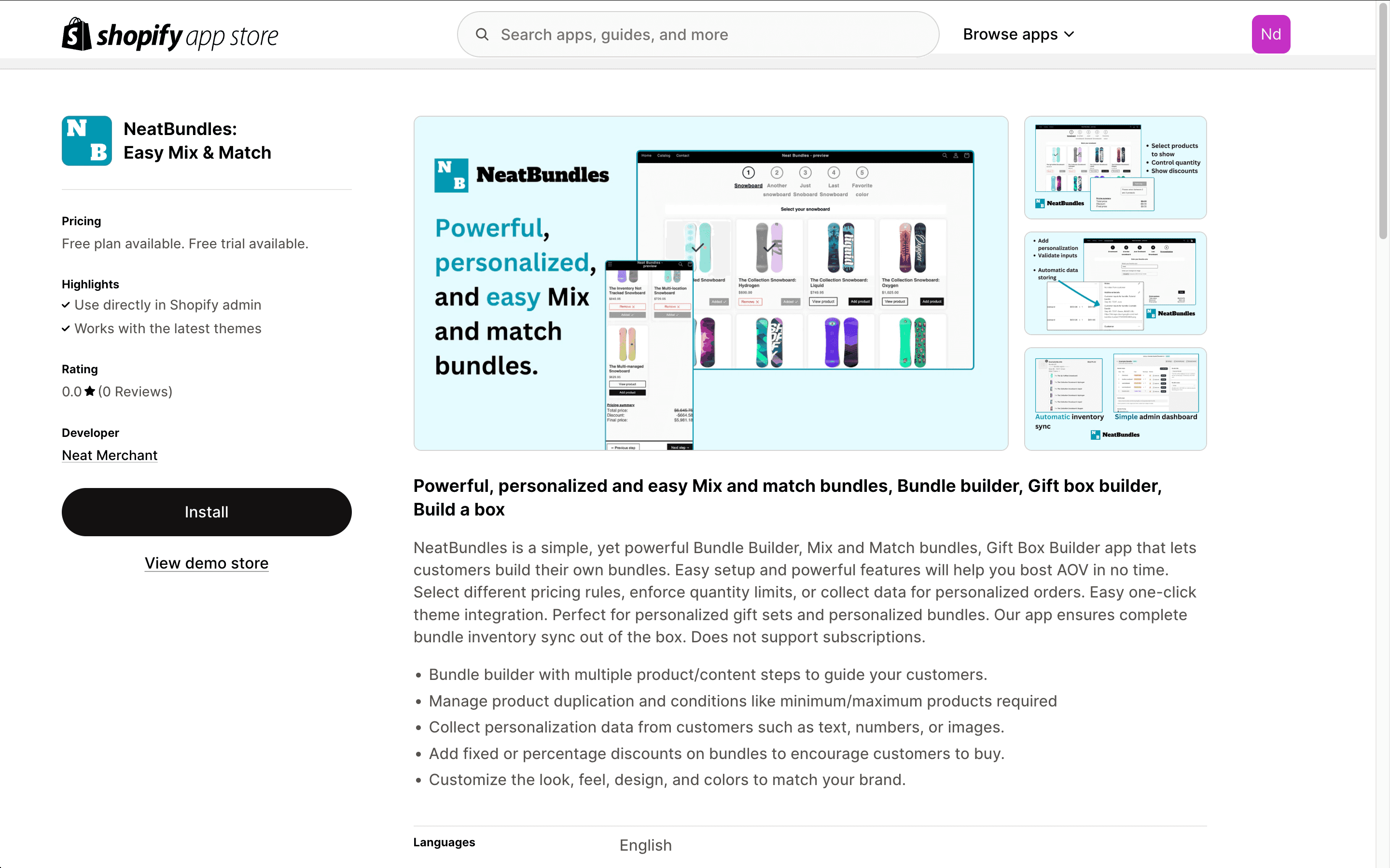 NeatBundles: Easy Mix & Match listing on the Shopify App Store with the Install button
