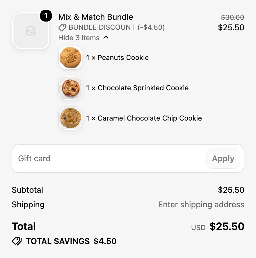Shopify checkout showing one Mix and Match Bundle line with a $4.50 bundle discount and three cookies listed under it