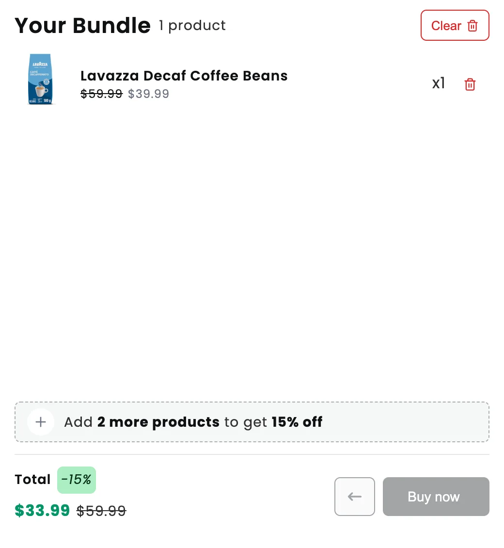 Coffee bundle panel with one bag added, a prompt to add 2 more products for 15% off and Buy now still disabled
