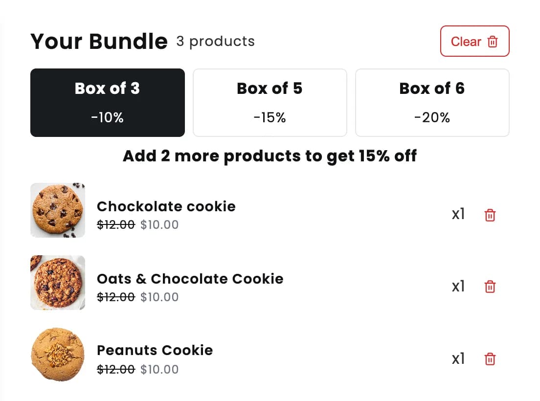 Bundle panel with Box of 3, Box of 5 and Box of 6 discount tiers and a prompt to add 2 more products for 15% off