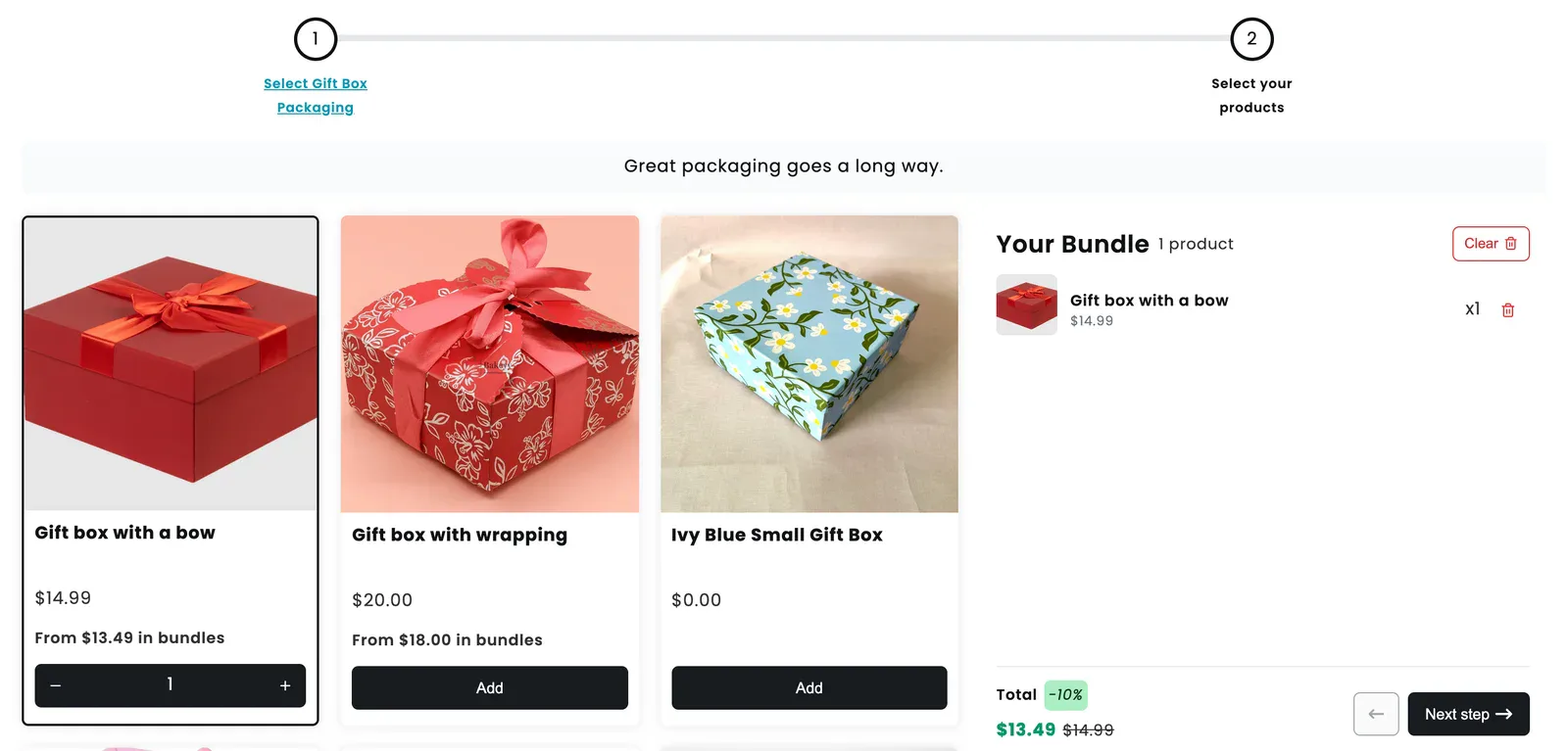 Gift box mix and match bundle starting with a packaging step, with a gift box with a bow added to the bundle