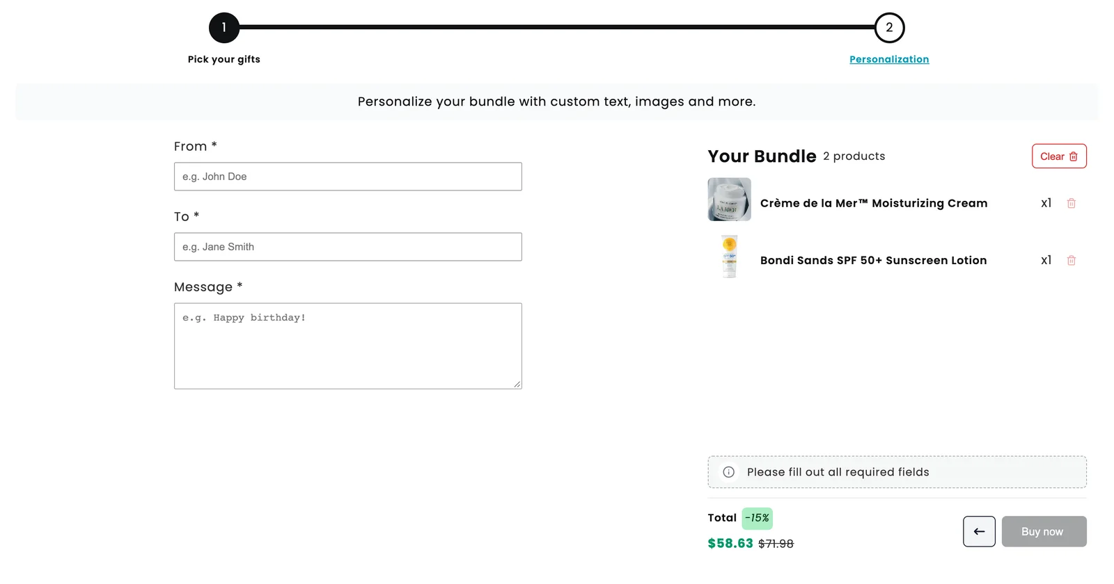 Personalization step of a gift box bundle with From, To and Message fields next to the bundle summary