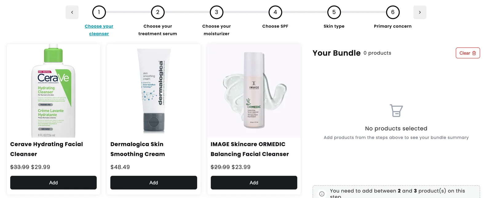 Guided skincare routine bundle with six steps from cleanser to primary concern and the first step's products