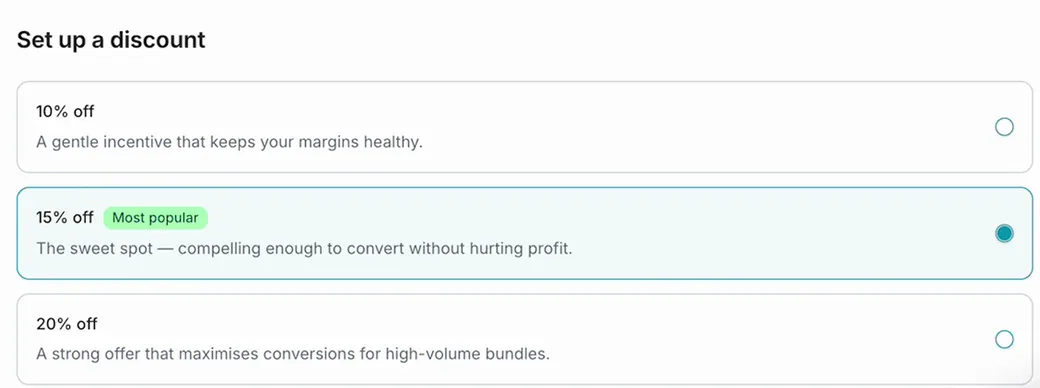 Set up a discount screen with 10, 15 and 20 percent off options and 15 percent selected