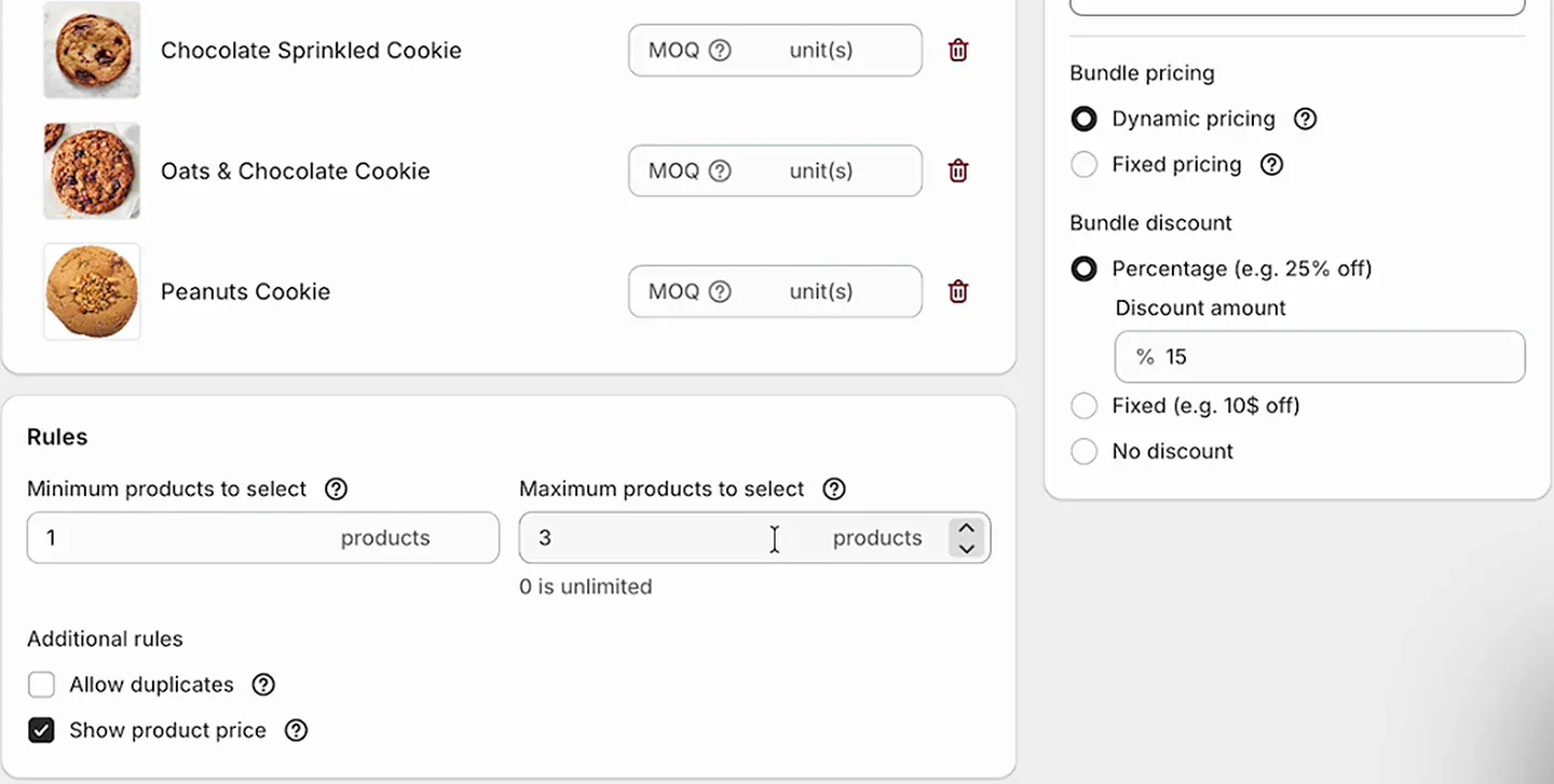 NeatBundles Rules section with minimum 1 and maximum 3 products next to bundle pricing and a 15 percent discount