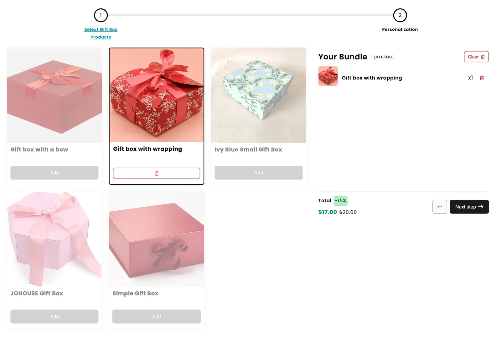 Corporate gift boxes on Shopify: step one of the builder with the gift box with wrapping selected and a 15 percent discount