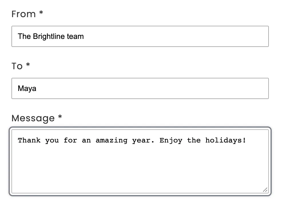 Personalization step with From, To and Message fields filled in for an employee gift box