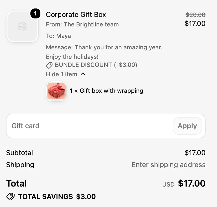Shopify checkout showing the Corporate Gift Box with gift message, a 3 dollar bundle discount and the gift box item