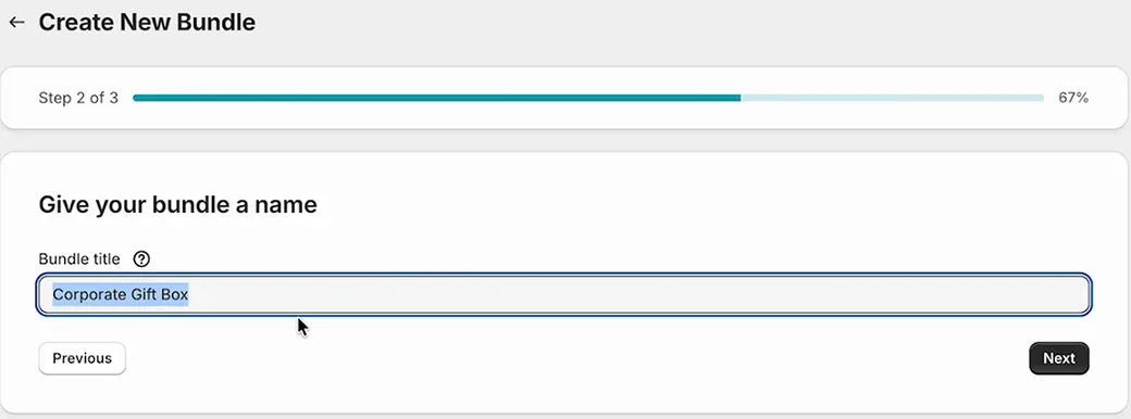 Bundle title field set to Corporate Gift Box in the Create New Bundle flow