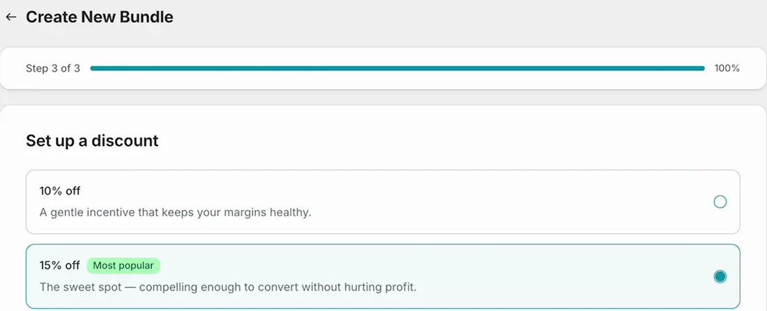 Set up a discount screen with 15 percent off selected