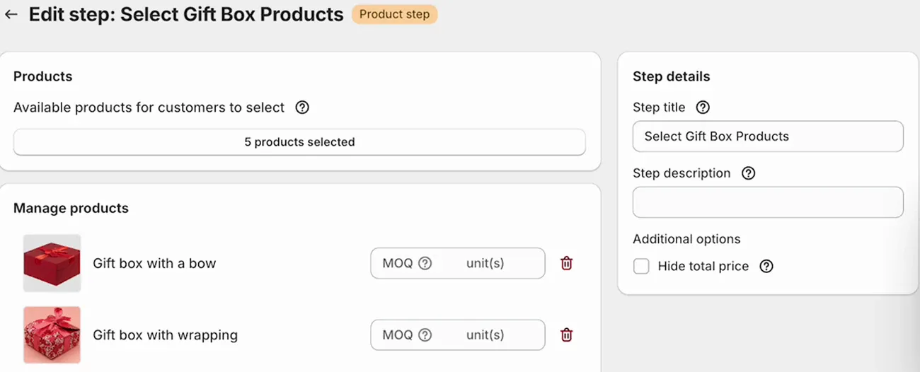 Edit step screen for Select Gift Box Products with five gift boxes added