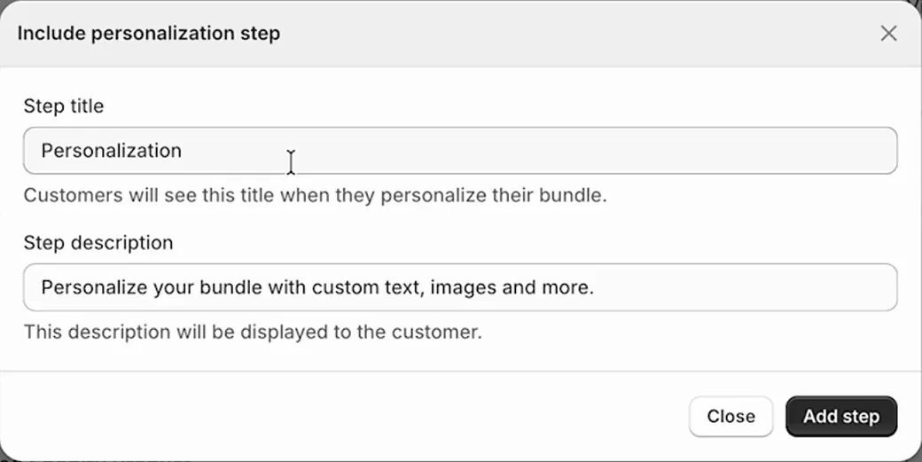 Include personalization step dialog with the pre-filled title and description