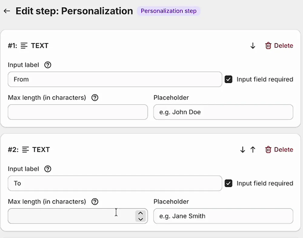 Personalization step editor with required From and To text fields