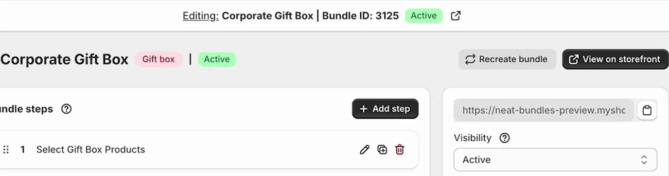 Bundle page header showing the Corporate Gift Box status changed to Active
