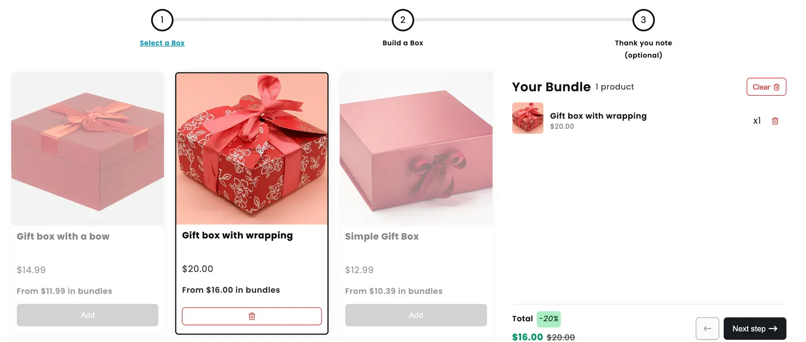 Shopify gift box builder on a demo store with the wrapped gift box selected in step one