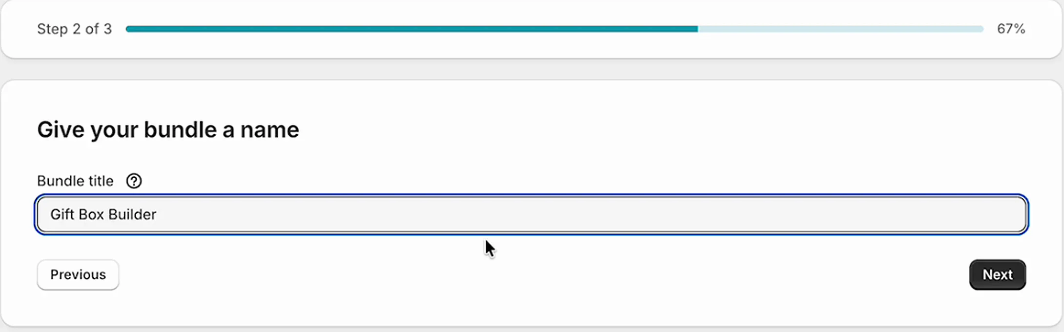 Give your bundle a name screen with Gift Box Builder typed in the Bundle title field