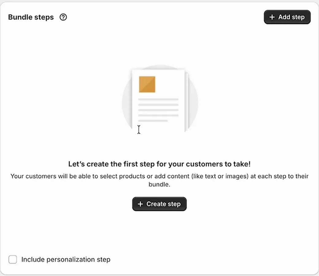 Empty Bundle steps card with the Create step button and the personalization checkbox