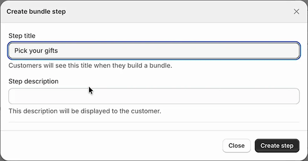 Create bundle step dialog with Pick your gifts as the step title