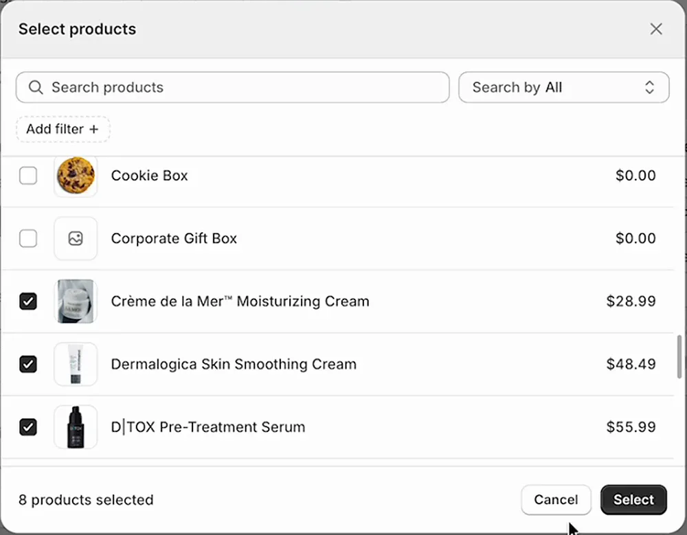 Select products dialog with three skincare products checked