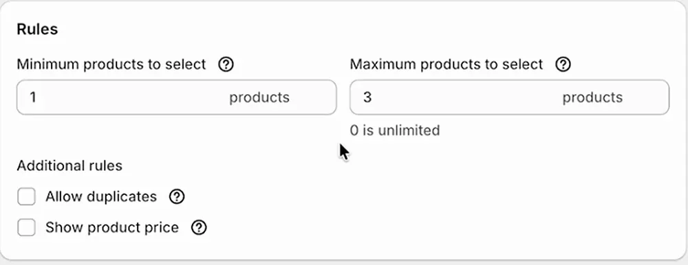 Gift box step rules with minimum 1 and maximum 3 products to select
