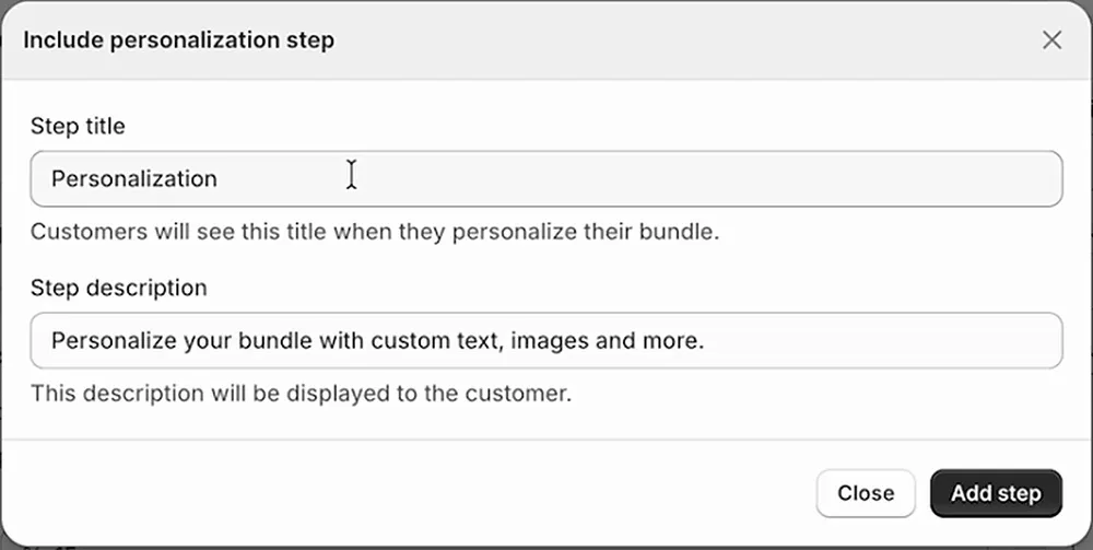 Include personalization step dialog with prefilled step title and description