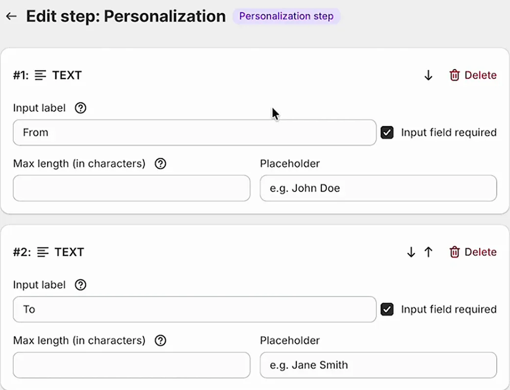 Personalization step with From and To input fields marked as required