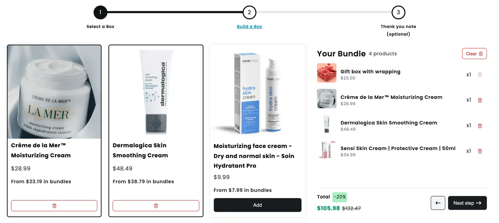 Gift box builder products step with three skincare products added and a 20 percent discount in the bundle panel