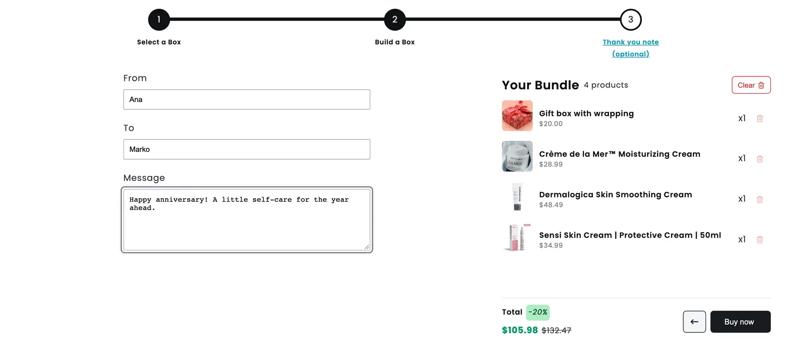 Thank you note step with From, To and Message filled in next to the bundle summary