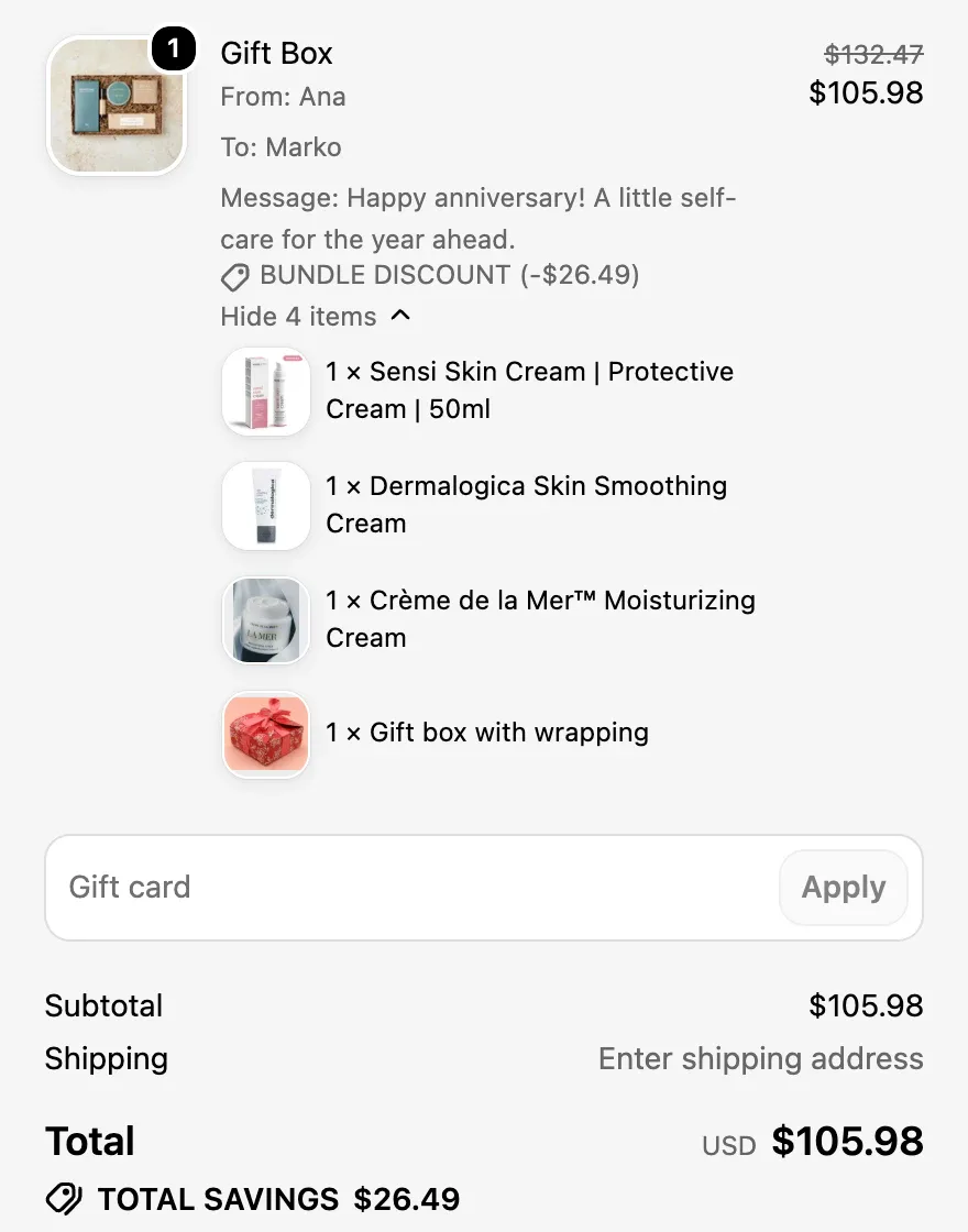 Shopify checkout order summary showing the gift box with the gift note, bundle discount and four items