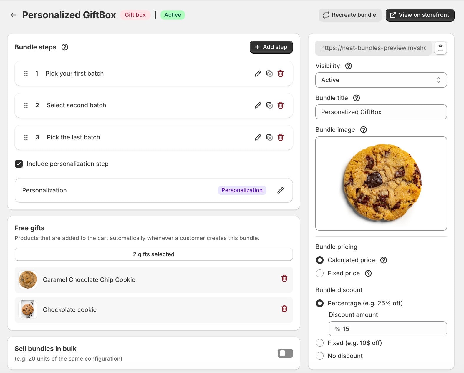 The NeatBundles admin with bundle steps, free gifts, bundle pricing and discount settings