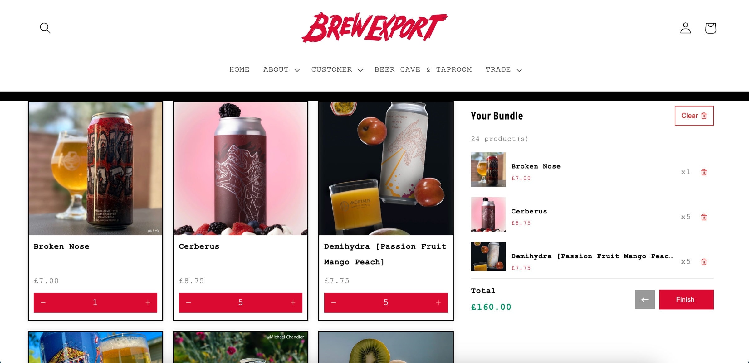 A 24 can beer case on the Brew Export store, with cans to pick and a full box summary totalling 160 pounds