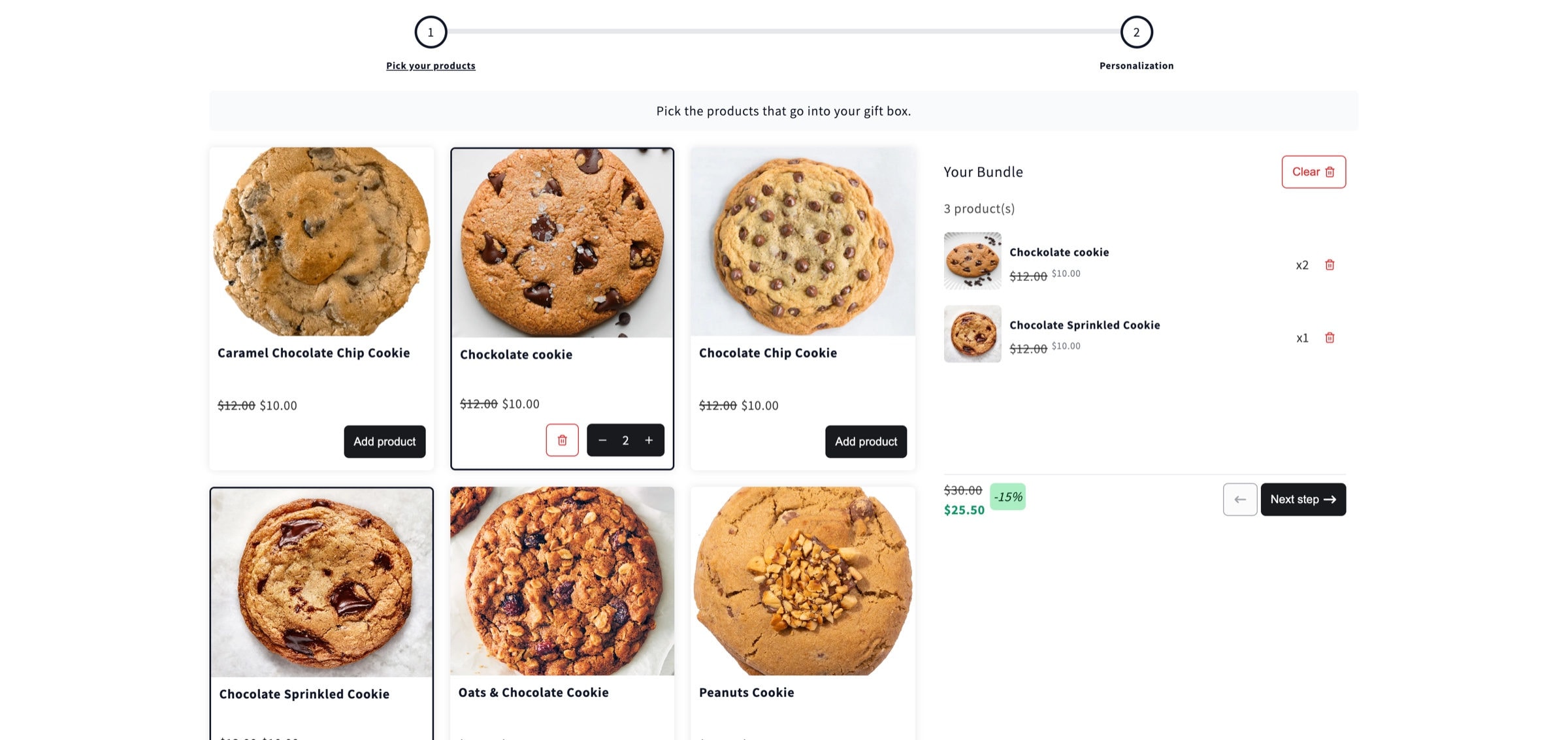A build a box page on a Shopify store, with cookies to pick and a running box summary with 15% savings
