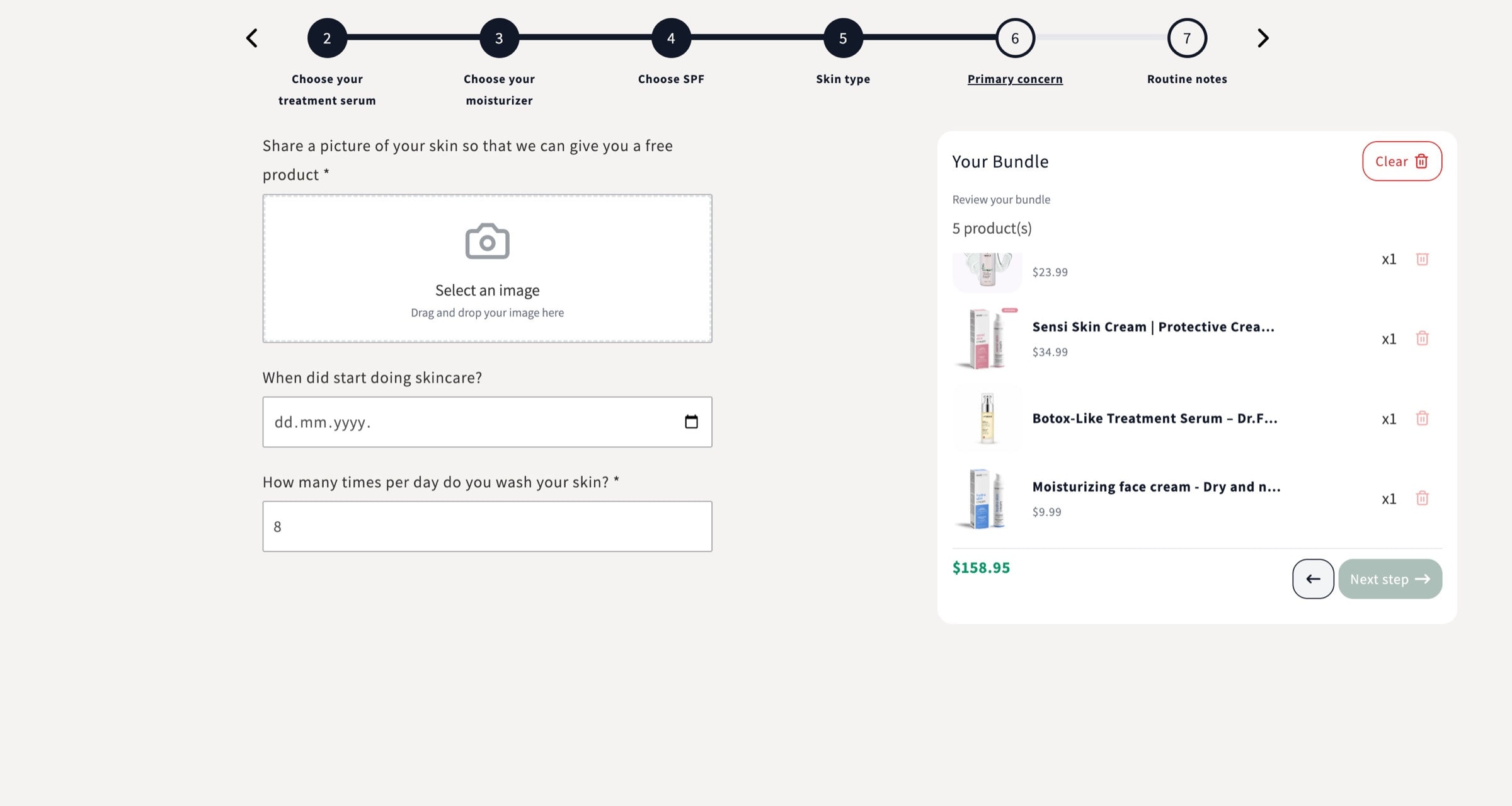 A content step in a skincare bundle asking for a photo, a start date and a number, next to the bundle summary