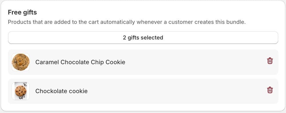 Free gifts in NeatBundles: products added to the cart automatically whenever a customer creates the bundle, with two gifts selected