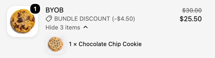 Shopify checkout with one bundle line of three cookies, a bundle discount of minus $4.50, $30.00 struck through and $25.50