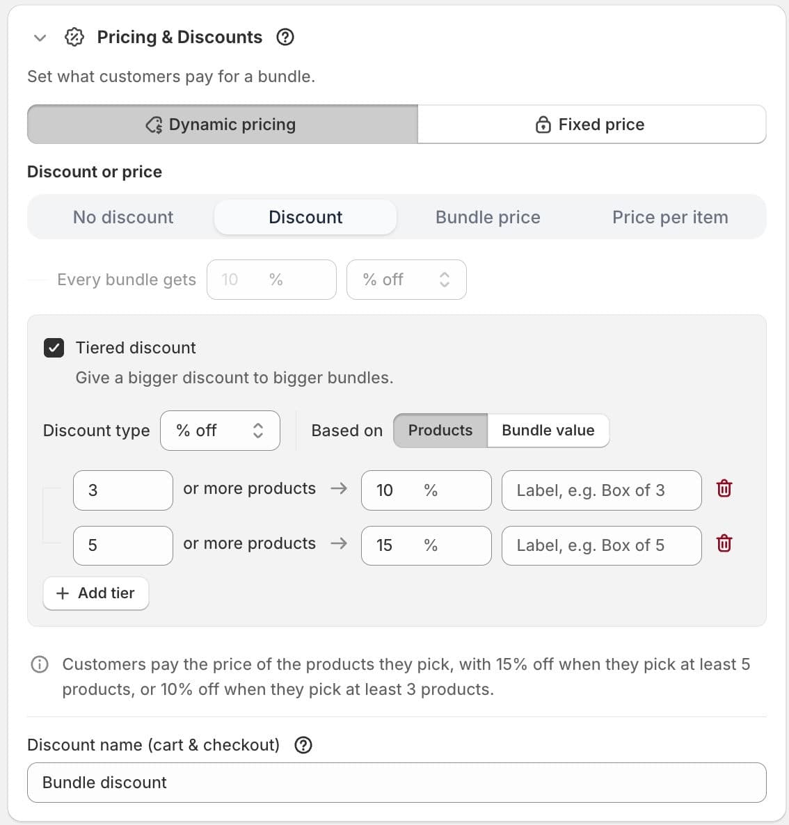 The Pricing and Discounts panel in the NeatBundles admin: dynamic or fixed price, no discount, discount, bundle price or price per item, and a tiered discount of 10% off 3 or more products and 15% off 5 or more