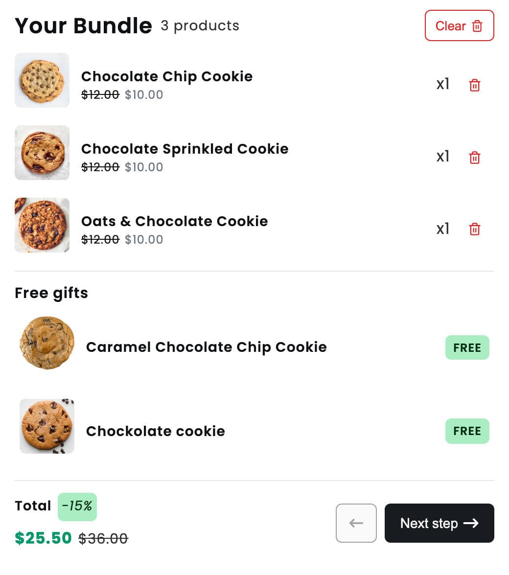 NeatBundles bundle summary with three cookies, two free gift cookies marked free, and a total of $25.50 with a 15% discount badge
