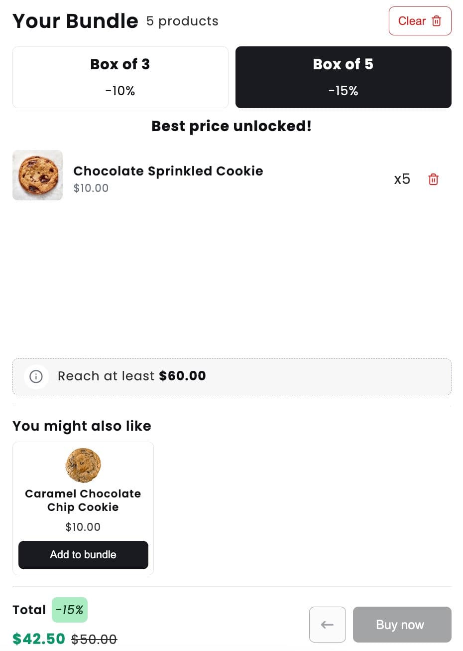Bundle summary with a You might also like section offering a Caramel Chocolate Chip Cookie with an Add to bundle button, above a total with 15% off